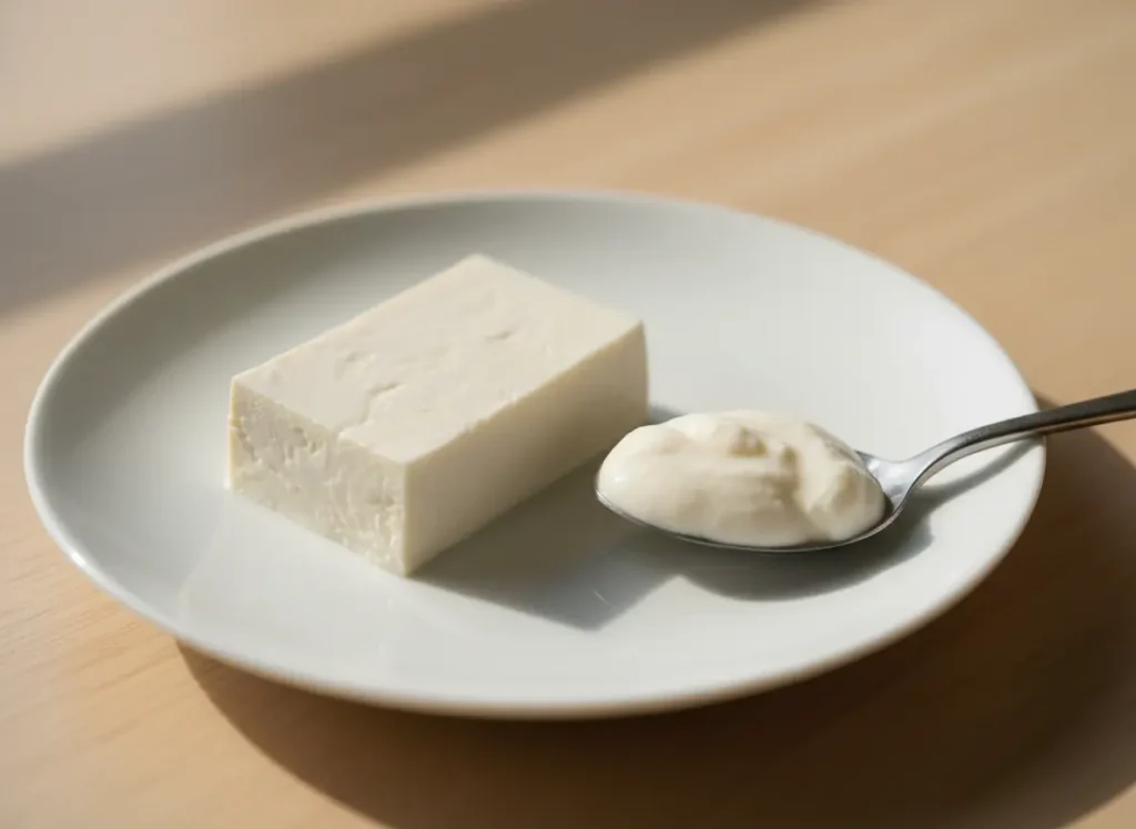 Silken tofu block with blended smooth tofu showing how it works as an egg substitute for cookies