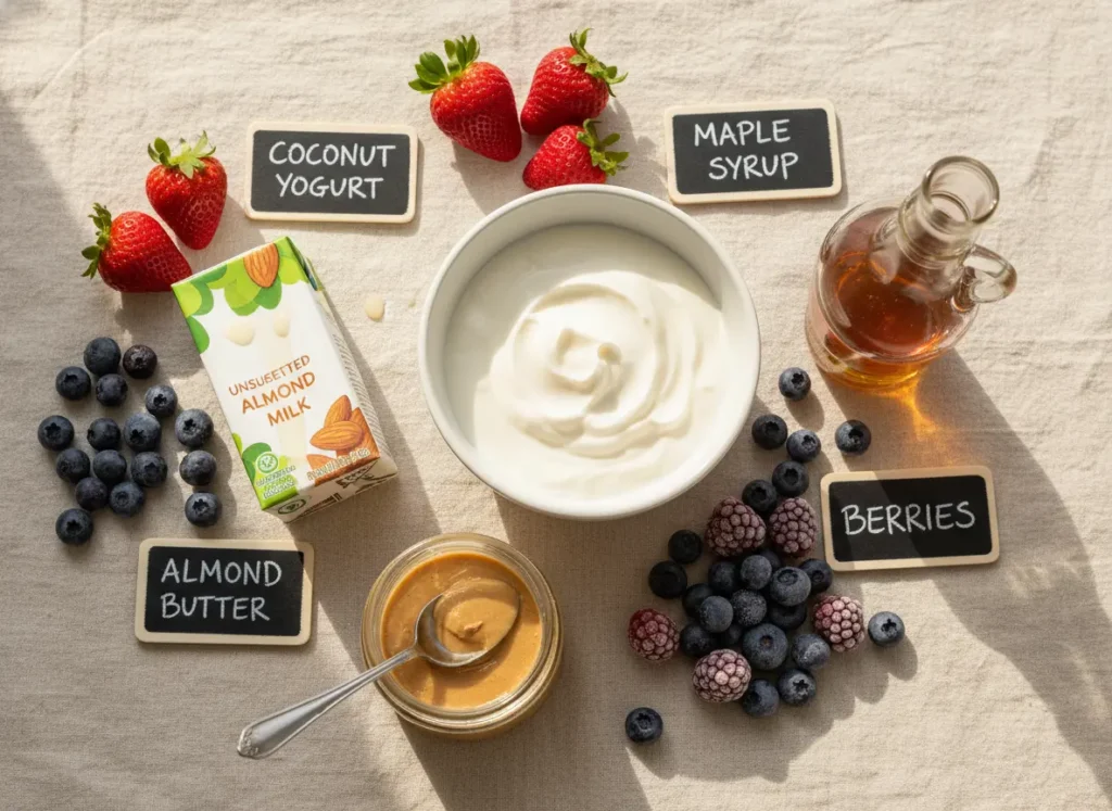 Strawberry blueberry smoothie ingredient substitutes including almond milk coconut yogurt and maple syrup