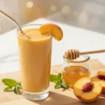 Tall glass of creamy peach smoothie recipe with fresh peach slices and honey on a wooden board