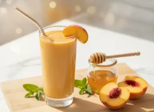 Tall glass of creamy peach smoothie recipe with fresh peach slices and honey on a wooden board