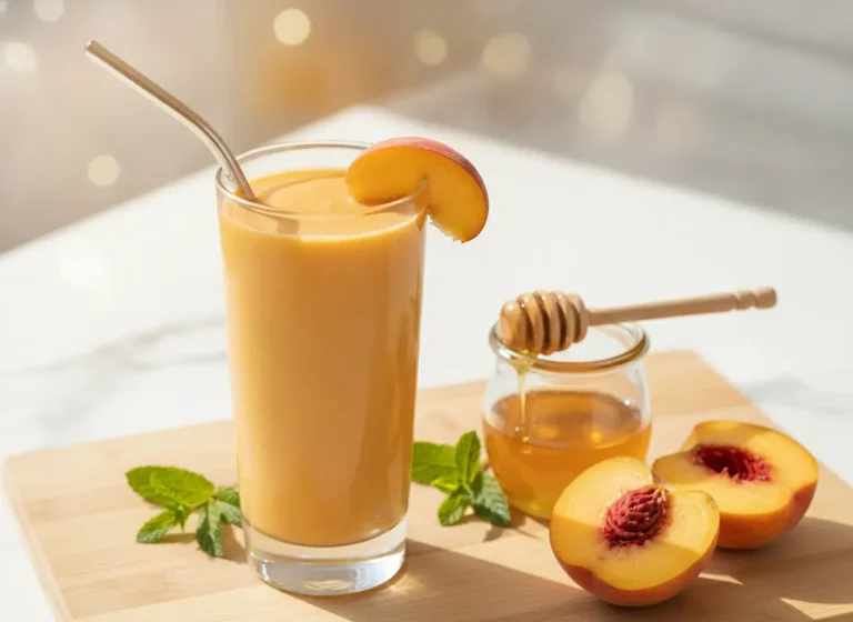 Tall glass of creamy peach smoothie recipe with fresh peach slices and honey on a wooden board