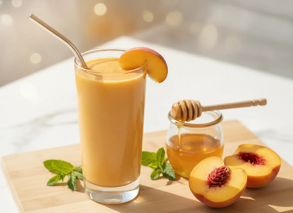 Tall glass of creamy peach smoothie recipe with fresh peach slices and honey on a wooden board