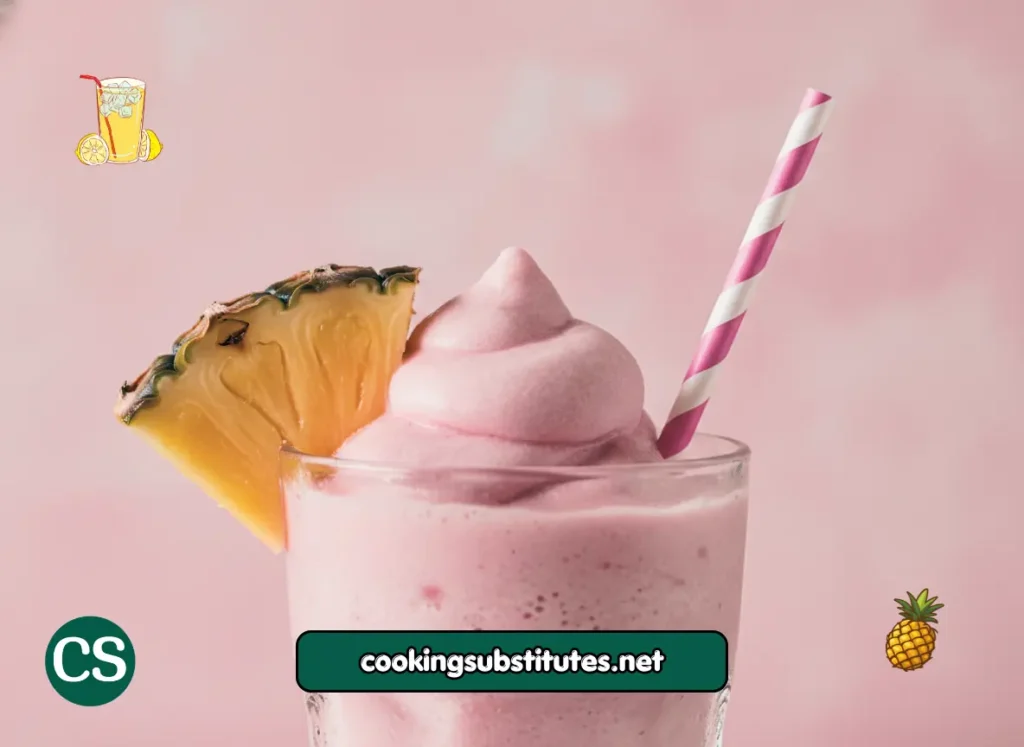 Pineapple dragonfruit frosted lemonade Chick fil A copycat in a glass with a straw and pineapple garnish