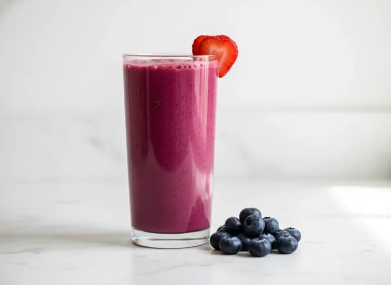 Thick and creamy strawberry blueberry smoothie in a clear glass garnished with fresh berries on white marble