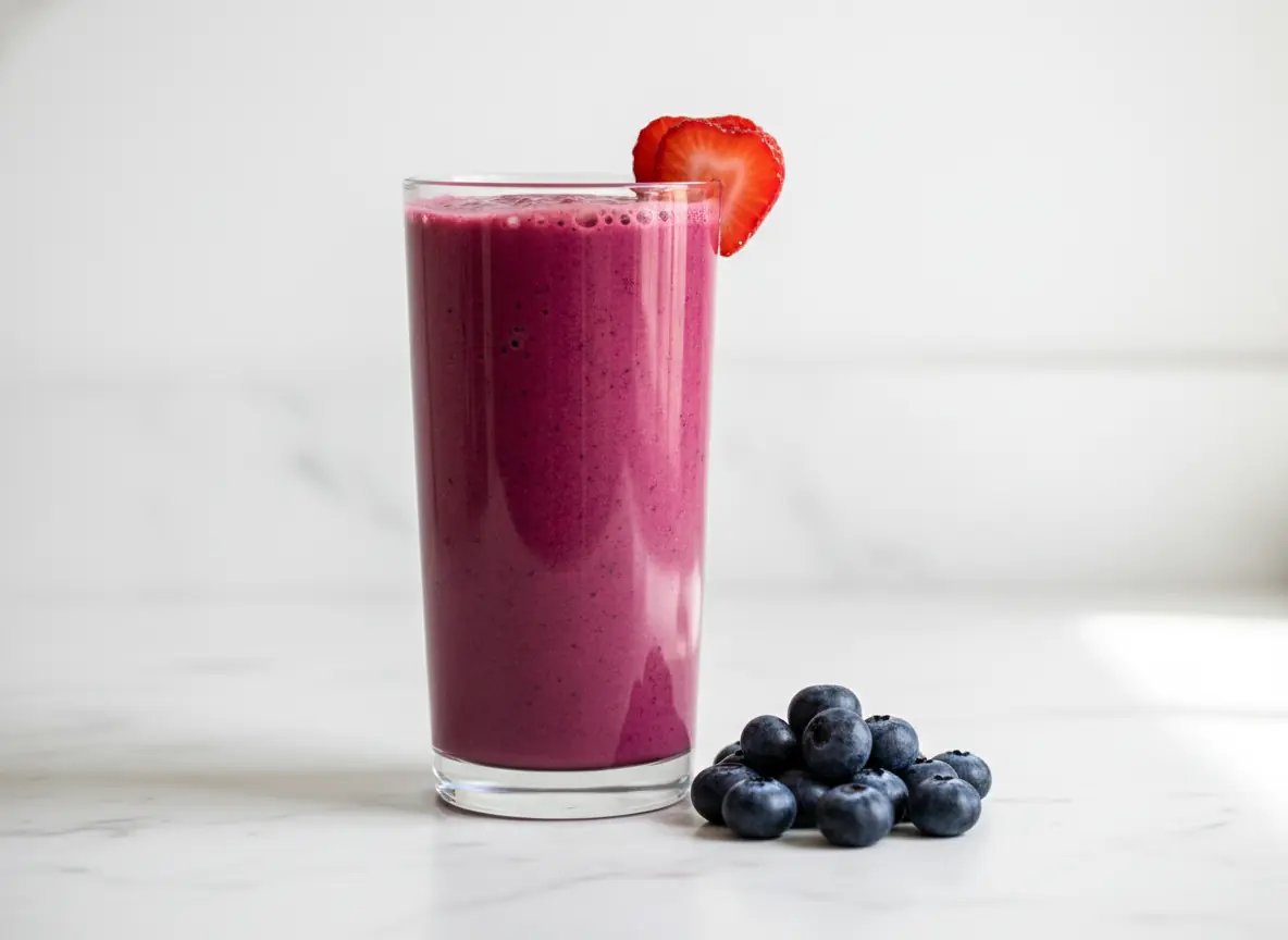 Thick and creamy strawberry blueberry smoothie in a clear glass garnished with fresh berries on white marble