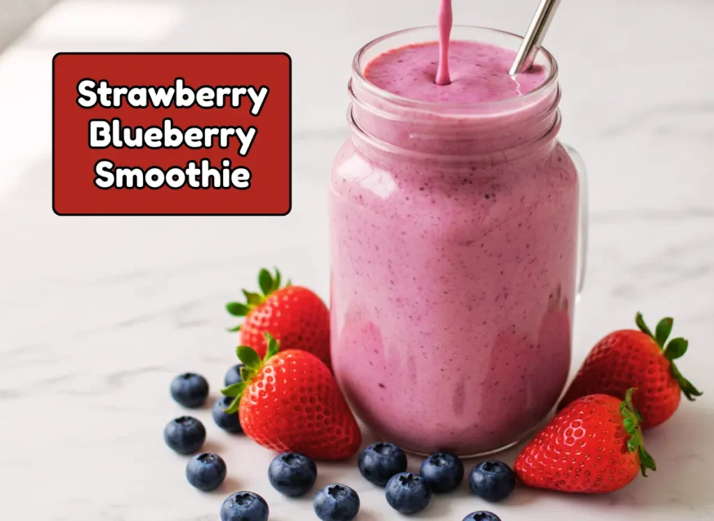 Thick strawberry blueberry smoothie in a mason jar with fresh berries on white marble — healthy breakfast smoothie recipe