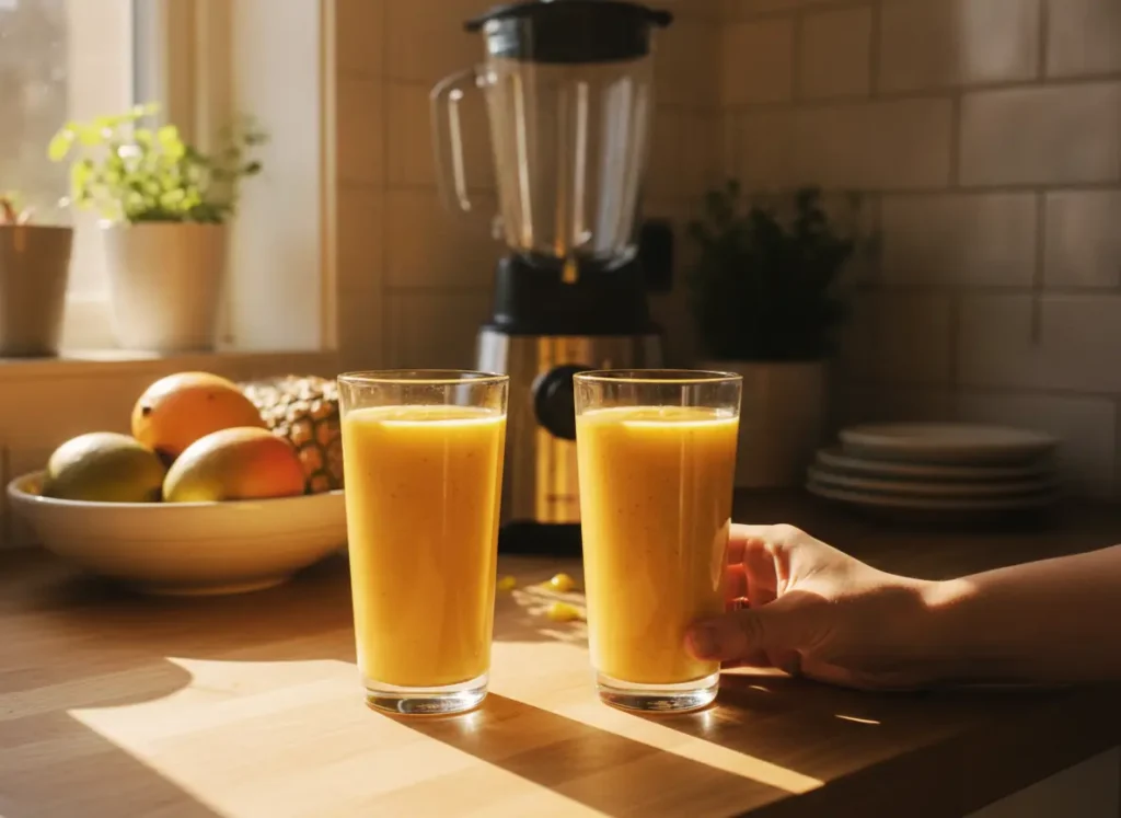 Mango Pineapple Smoothie Recipe – Thick, Tropical & Ready in 5 Minutes 5 Two glasses of mango pineapple smoothie recipe ready to drink on a bright kitchen counter