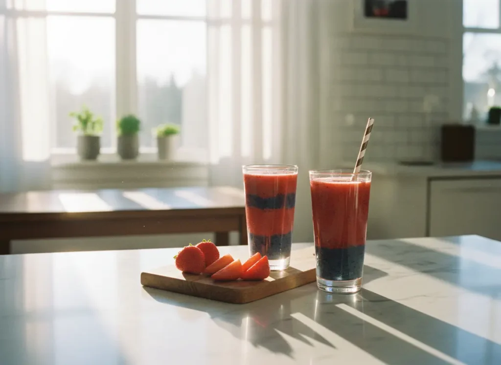 Two glasses of strawberry blueberry smoothie on a bright kitchen counter with fresh berries and morning sunlight