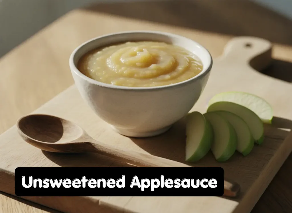 Unsweetened applesauce in a white bowl as egg substitute for cake mix next to fresh apple slices