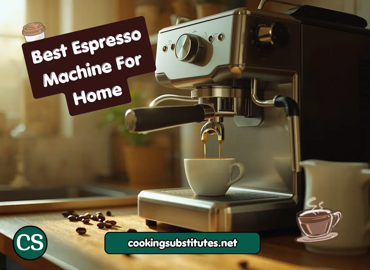 best espresso machine for home on a kitchen counter pulling a rich espresso shot with golden crema