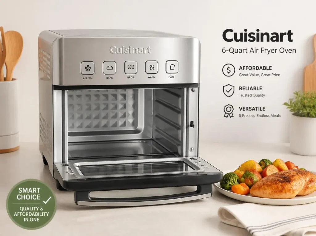 Budget-friendly Cuisinart 6 Qt stainless steel air fryer oven showing affordable quality for smart shoppers