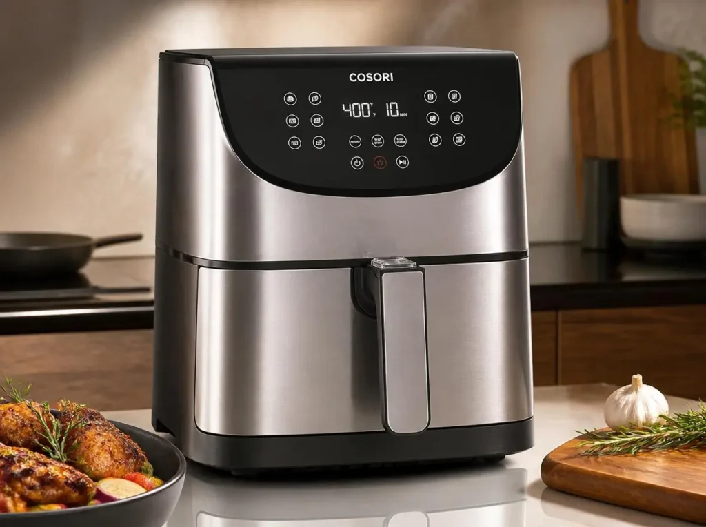 COSORI Iconic stainless steel air fryer with PFAS-free ceramic coating and premium brushed metal design