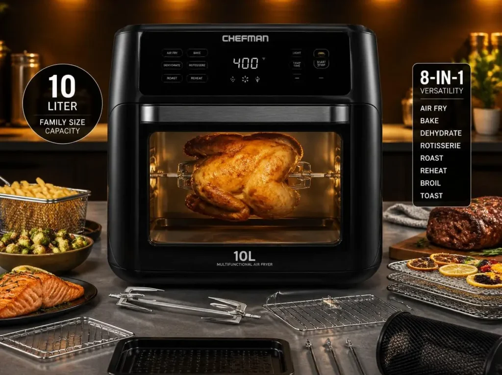 Chefman 10L multifunctional stainless steel air fryer with rotisserie attachment and large capacity cooking display