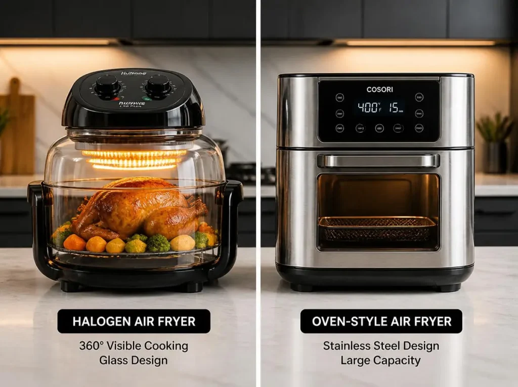 Comparison of glass air fryer versus stainless steel basket air fryer showing different non-toxic cooking options