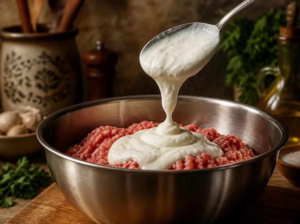 Egg Substitute for Meatballs: Binding Without Eggs 4 Greek yogurt egg substitute being folded into ground meat for tender meatballs without eggs