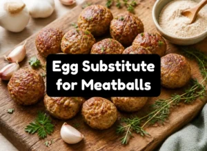 Homemade meatballs with egg substitute for binding showing texture and golden color on wooden board with ingredients