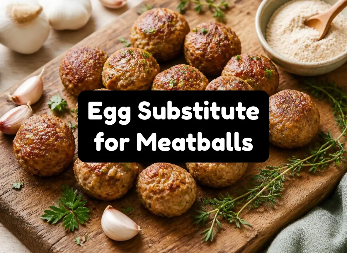 Homemade meatballs with egg substitute for binding showing texture and golden color on wooden board with ingredients