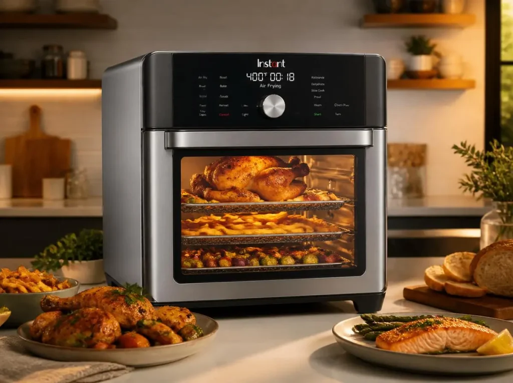 Large capacity stainless steel Instant Pot Omni Plus air fryer oven displaying multiple racks of cooked foods simultaneously