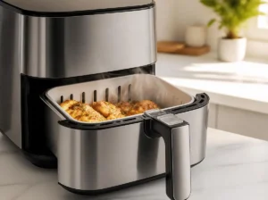 Modern stainless steel air fryer non toxic with PFAS-free ceramic basket on white kitchen counter with natural lighting