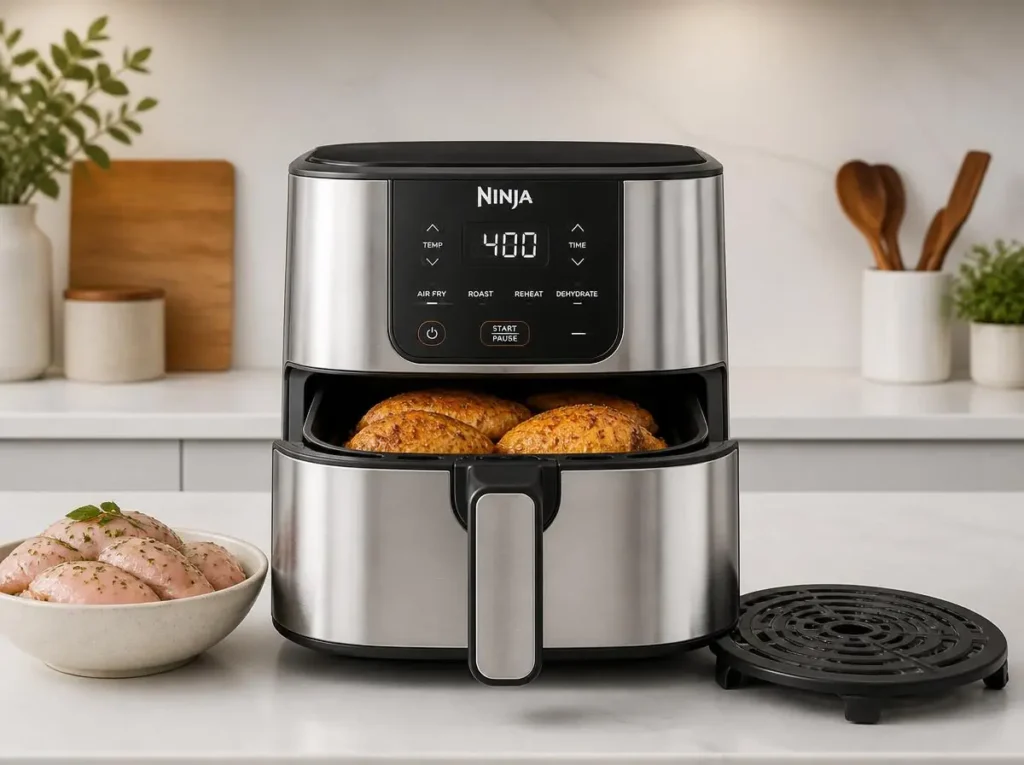 Ninja Air Fryer 5 Qt stainless steel model with crisper plate showing cooked chicken and reliable performance