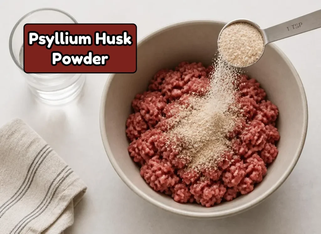 Egg Substitute for Meatballs: Binding Without Eggs 2 Psyllium husk powder egg substitute for meatballs being mixed with water and meat in bowl