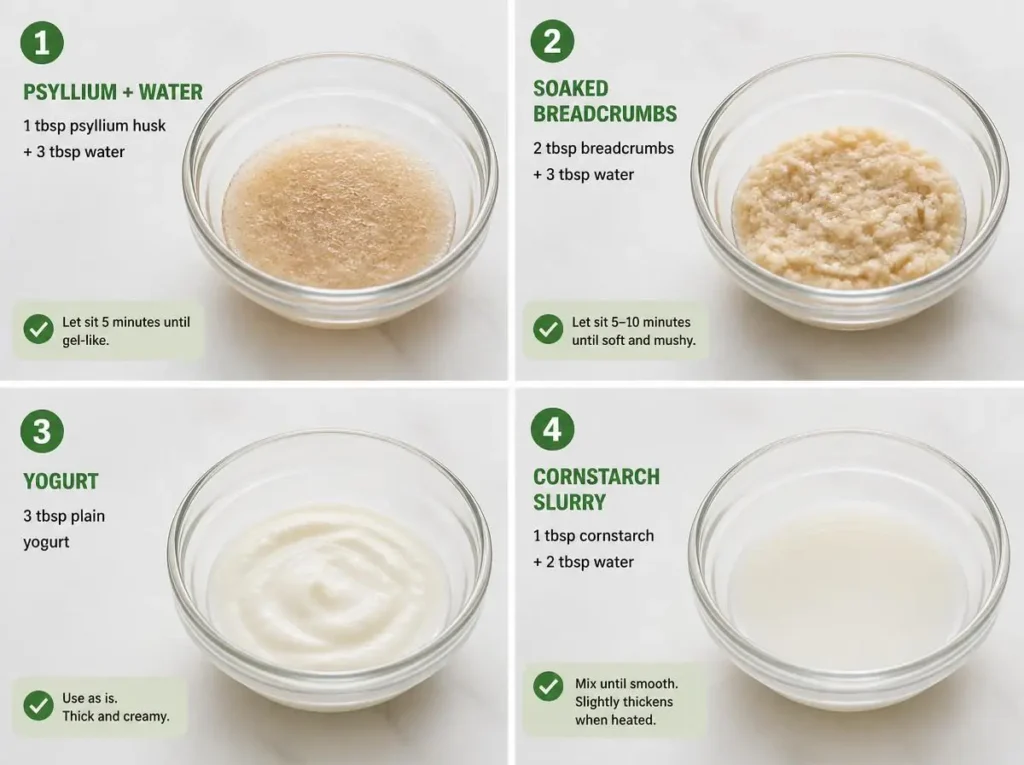 Egg Substitute for Meatballs: Binding Without Eggs 5 Step-by-step comparison of different egg substitute methods for binding meatballs clearly shown