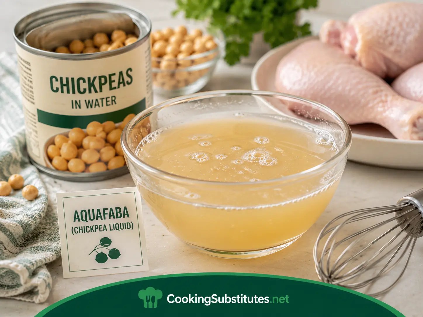 Egg Substitute for Frying Chicken: 7 Best Options That Actually Work 4 Aquafaba from canned chickpeas poured into bowl as vegan egg substitute for frying chicken