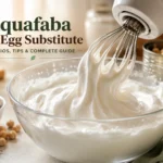 Aquafaba egg substitute being whipped to stiff peaks in a glass bowl with an electric hand mixer