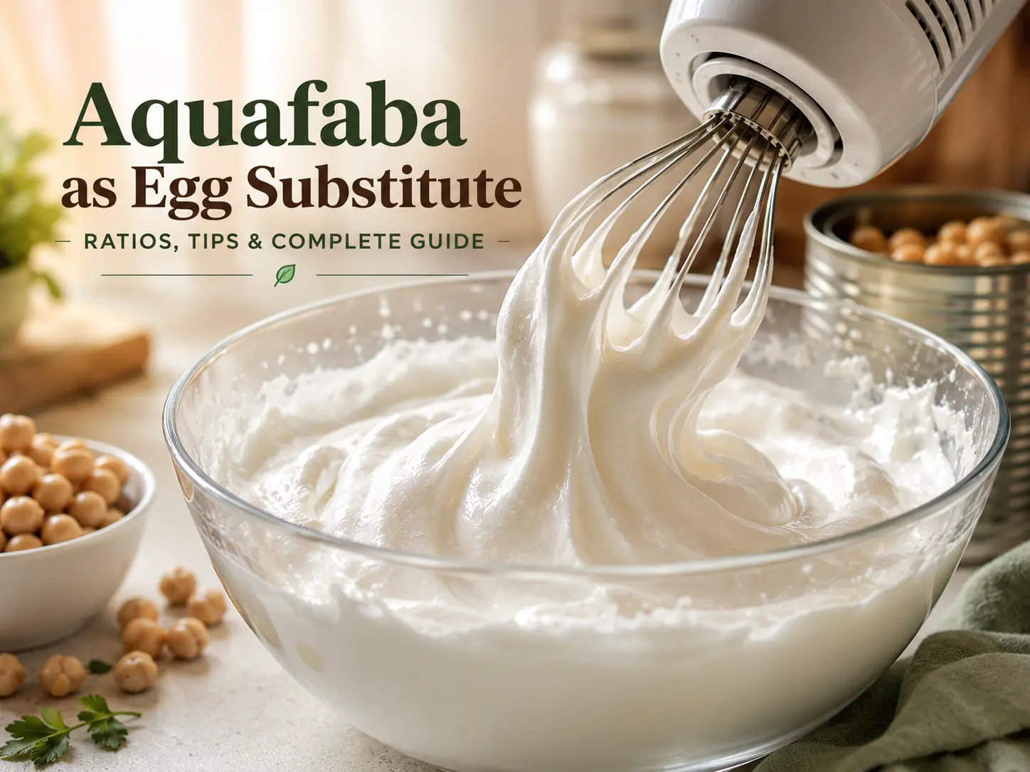 Aquafaba as Egg Substitute — Full Guide 1 Aquafaba egg substitute being whipped to stiff peaks in a glass bowl with an electric hand mixer