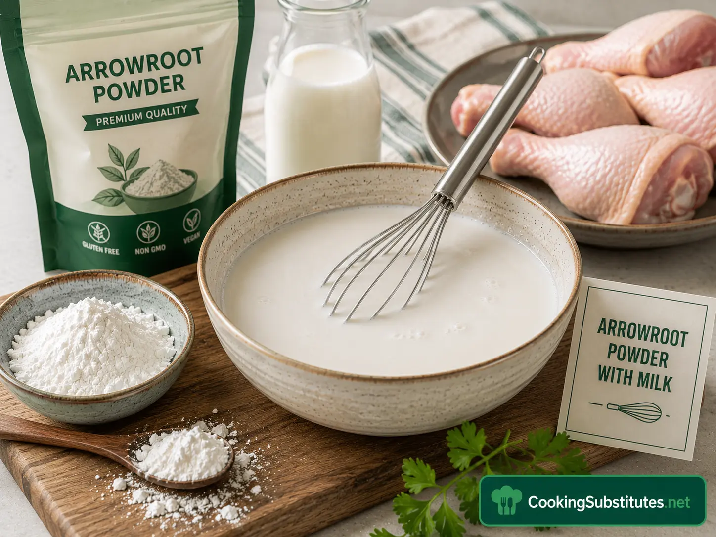 Egg Substitute for Frying Chicken: 7 Best Options That Actually Work 8 Arrowroot powder being sifted into milk as a crispy egg substitute for frying chicken