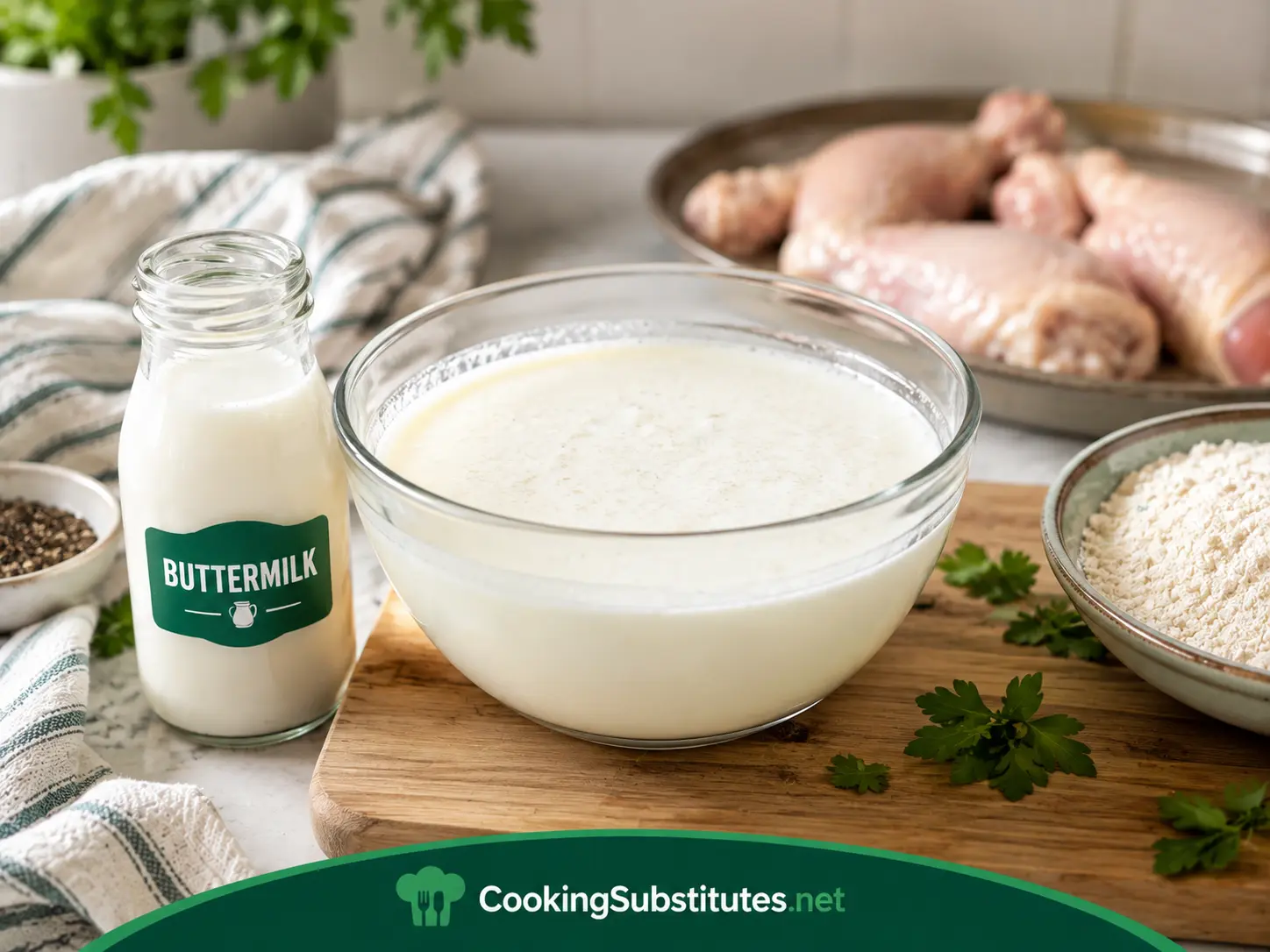 Egg Substitute for Frying Chicken: 7 Best Options That Actually Work 2 Buttermilk being poured into a bowl for egg substitute for fried chicken preparation