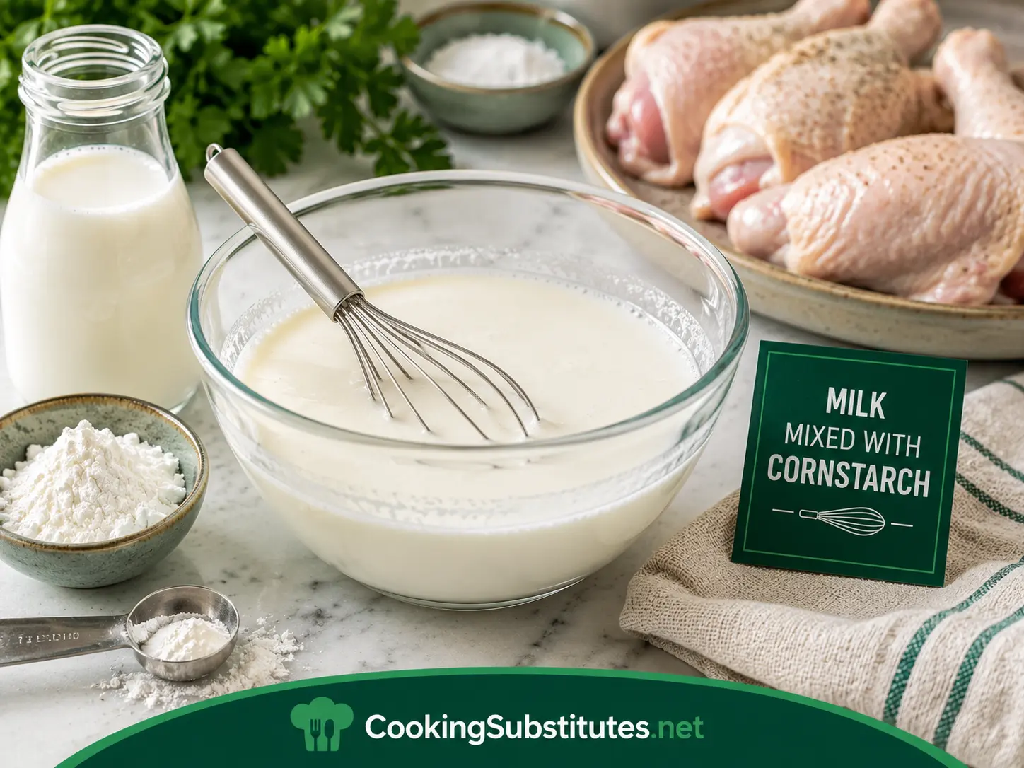 Egg Substitute for Frying Chicken: 7 Best Options That Actually Work 3 Cornstarch being mixed into milk as a crispy egg substitute for frying chicken