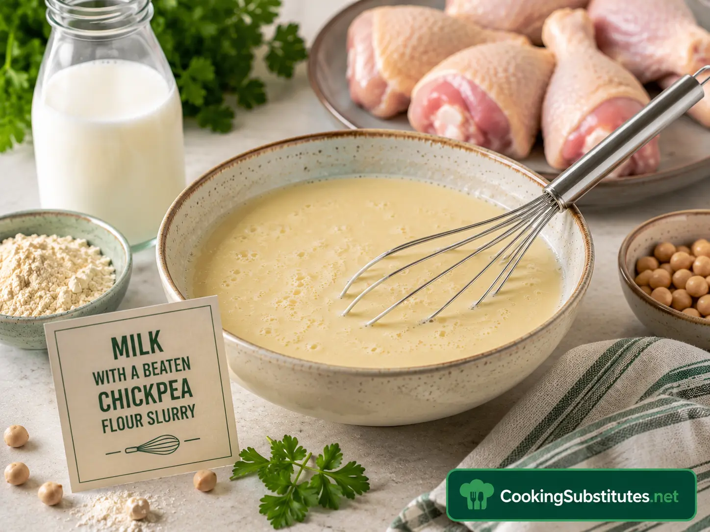 Egg Substitute for Frying Chicken: 7 Best Options That Actually Work 6 Chickpea flour being whisked into milk as an egg substitute for frying chicken