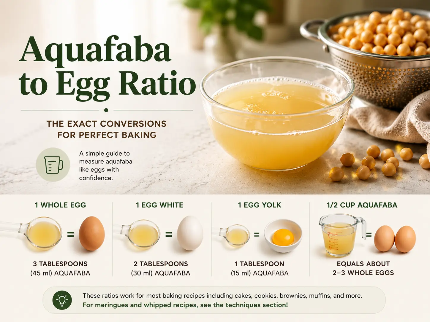 Visual comparison chart showing aquafaba egg substitute ratios - 3 tablespoons aquafaba equals 1 whole egg