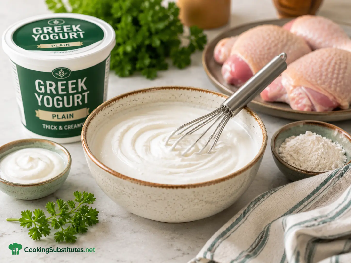 Egg Substitute for Frying Chicken: 7 Best Options That Actually Work 5 Greek yogurt in a bowl as a creamy egg substitute for frying chicken coating