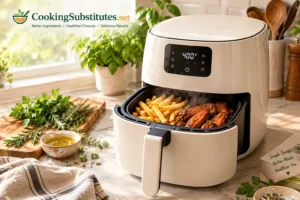 Best ceramic air fryers on a kitchen counter with crispy fries and chicken wings in the open basket