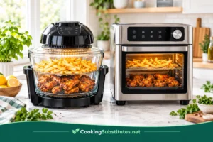 Best air fryers without PFAS on a bright kitchen counter, with a glass air fryer and stainless steel oven cooking crispy fries and wings