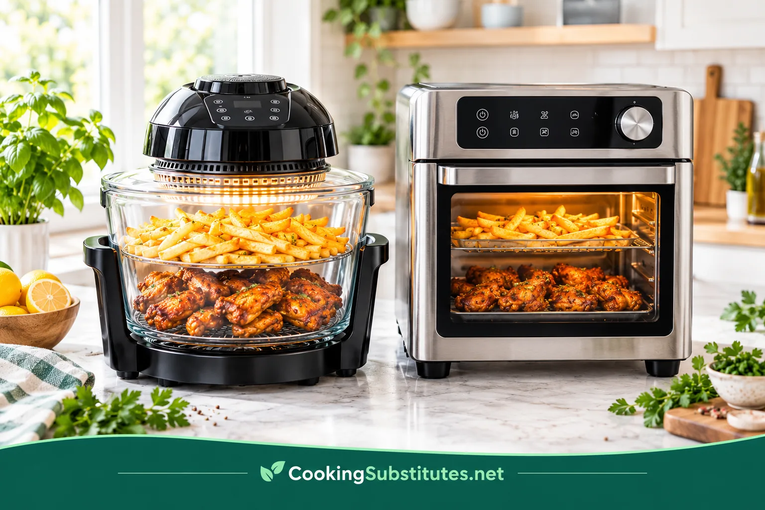 Best air fryers without PFAS on a bright kitchen counter, with a glass air fryer and stainless steel oven cooking crispy fries and wings