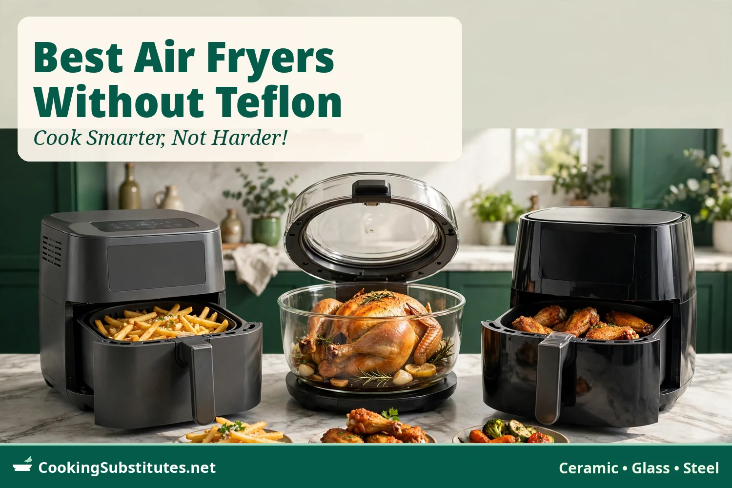 Best air fryers without Teflon — ceramic, glass, and steel models with fries, wings, and a roasted chicken