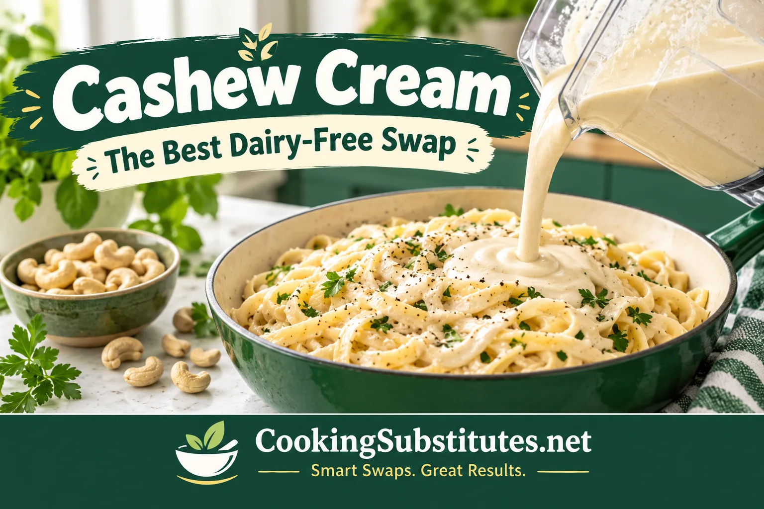 Dairy-free heavy cream substitute for pasta — homemade cashew cream poured over pasta