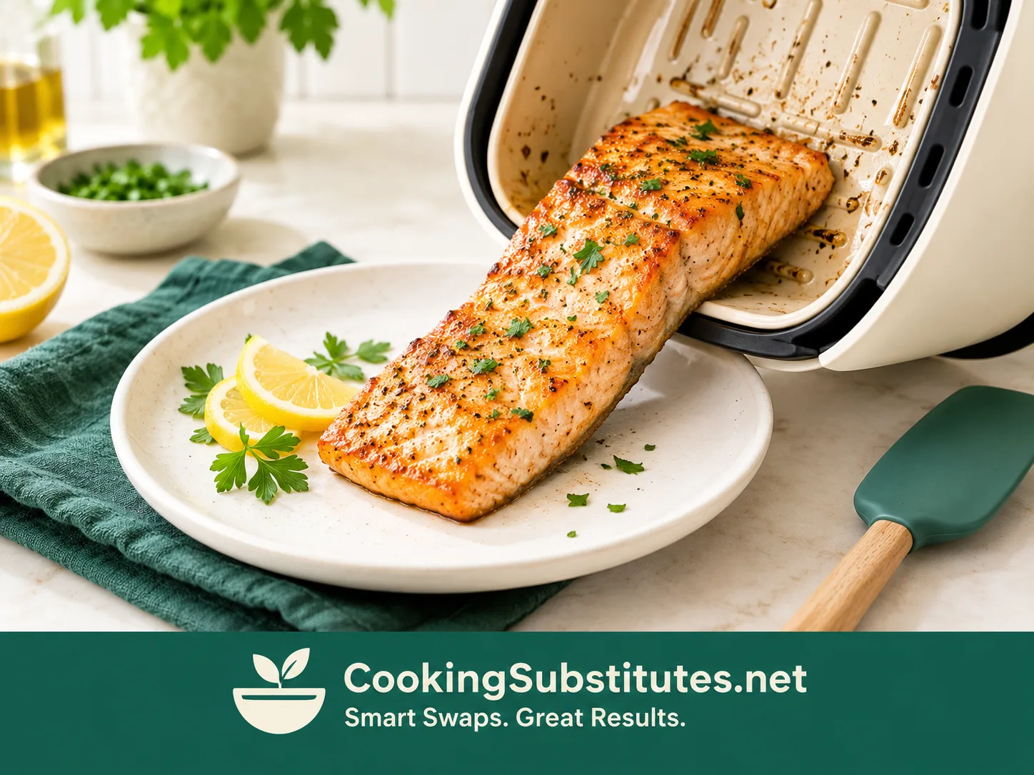 Salmon sliding off a ceramic air fryer basket showing easy food release