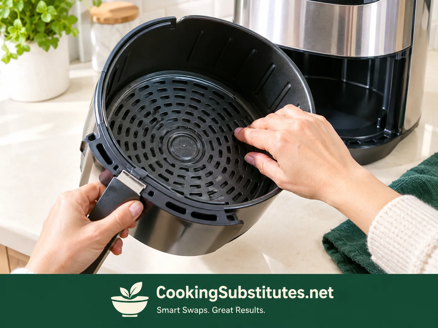 Checking the inside of an air fryer basket to verify the real basket material