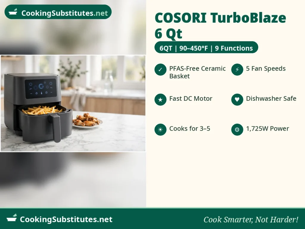 COSORI TurboBlaze ceramic air fryer with PFAS-free basket, fries, and wings — a top pick among air fryers without Teflon