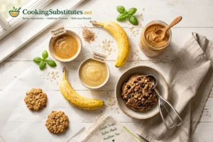 Pantry staples laid out as an egg substitute for binding in baking, including flax gel, applesauce, banana, and peanut butter next to cookie dough