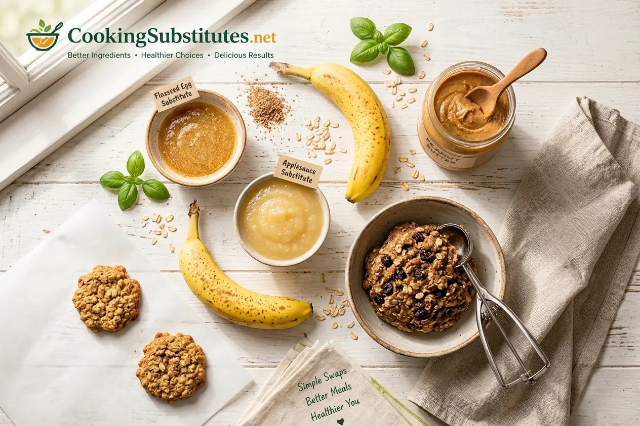 Pantry staples laid out as an egg substitute for binding in baking, including flax gel, applesauce, banana, and peanut butter next to cookie dough