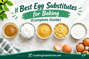 Best egg substitutes for baking in small bowls — flax gel, aquafaba, applesauce, banana and yogurt on a marble counter