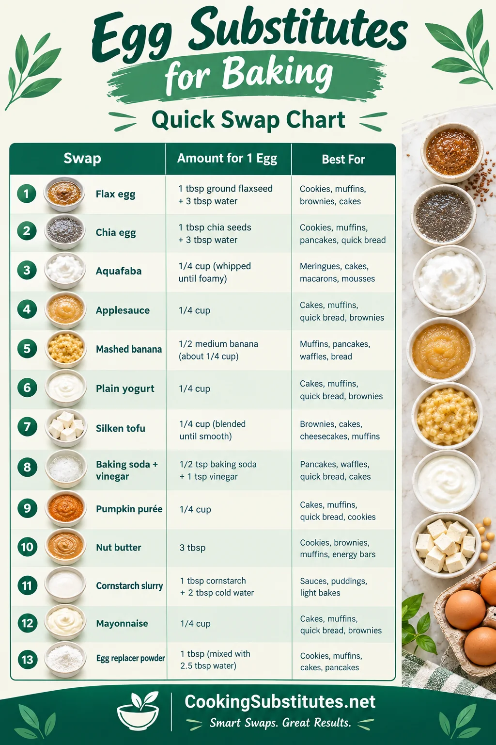 Egg substitutes for baking quick swap chart with the exact amount to replace one egg for 13 easy swaps