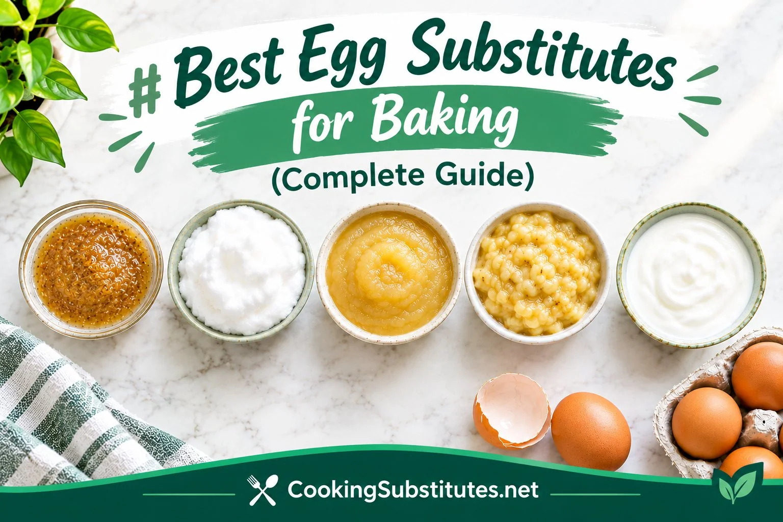 Best Egg Substitutes for Baking (Complete Guide) 1 Best egg substitutes for baking in small bowls — flax gel, aquafaba, applesauce, banana and yogurt on a marble counter
