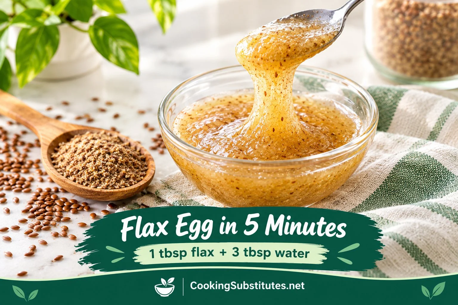 Flax egg for egg substitutes for baking — one tablespoon ground flaxseed mixed with three tablespoons water
