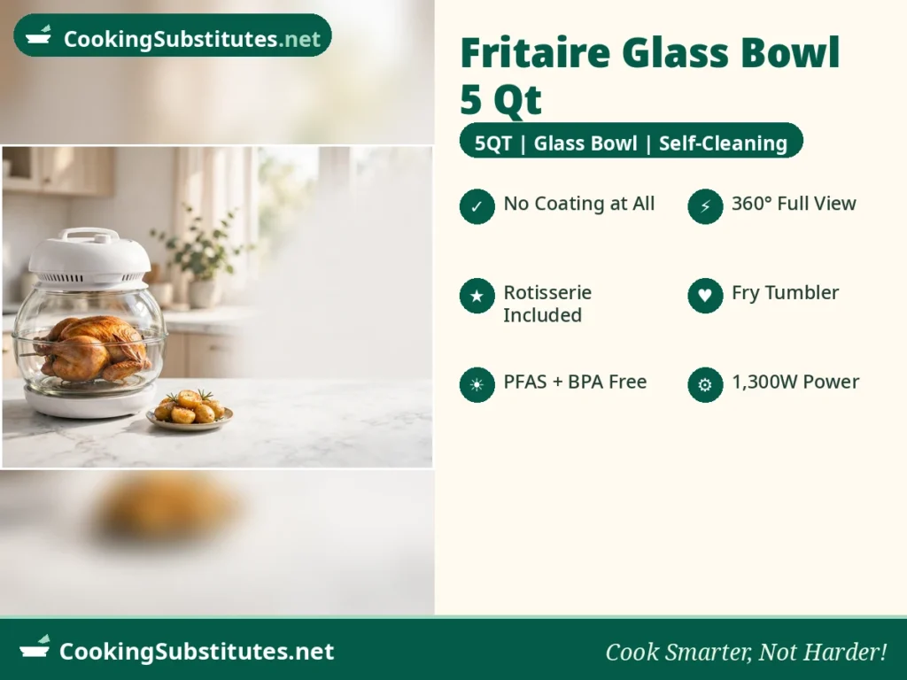 Fritaire glass air fryer with a clear bowl and rotisserie chicken — a Teflon free air fryer with no coating